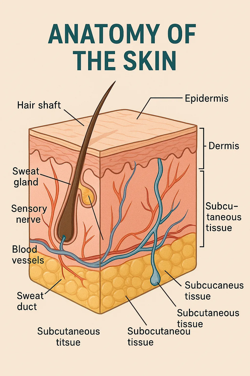 Cross-section of the skin showing the epidermis, dermis, and subcutaneous tissue with a hair follicle, sweat gland, sensory nerve, and blood vessels